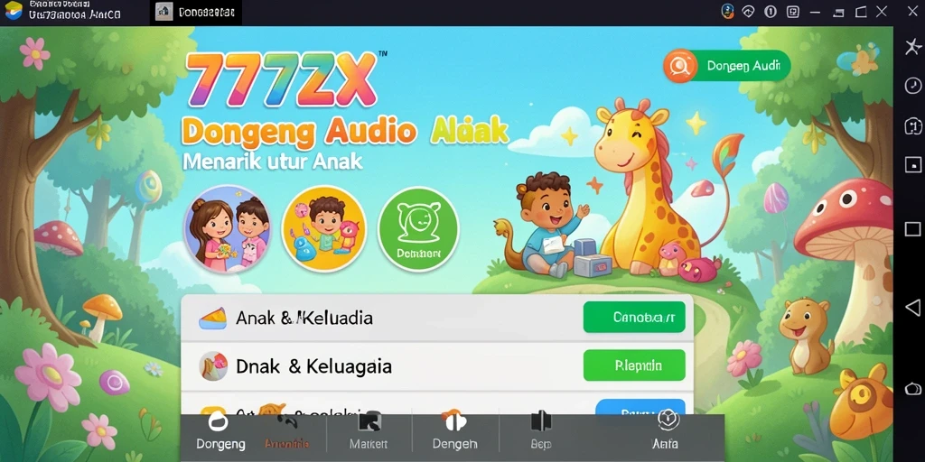 Tampilan antarmuka aplikasi 777ZX yang ramah anak menampilkan berbagai pilihan dongeng audio.