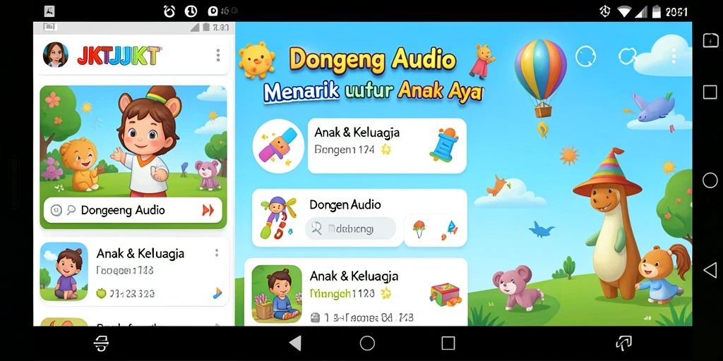 Tampilan antarmuka JKTJKT dengan pilihan dongeng audio yang menarik.