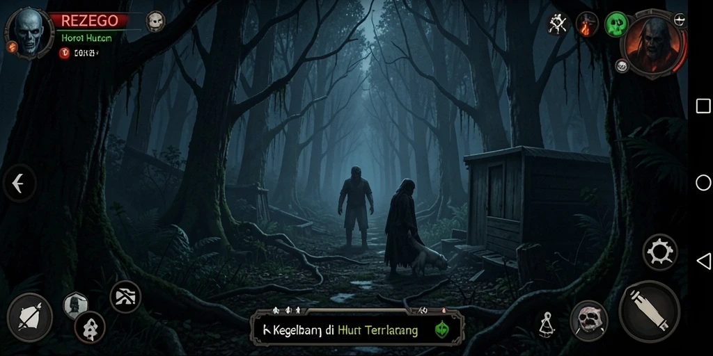 Antarmuka menakutkan dengan elemen horor menyeramkan.